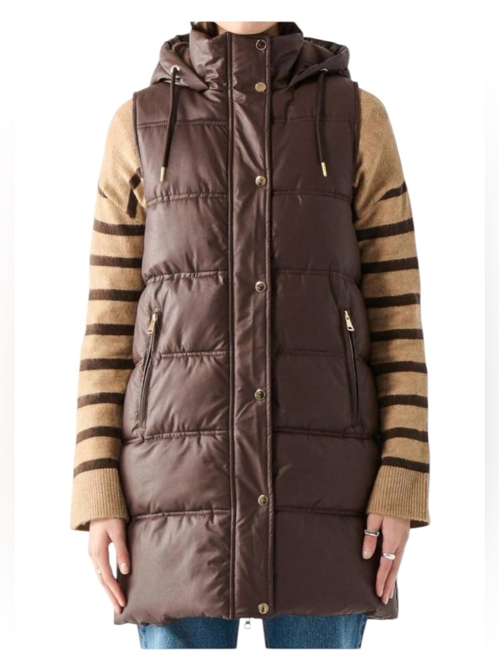 DEX Hooded Longline Vegan Puffer Vest Brown Size L